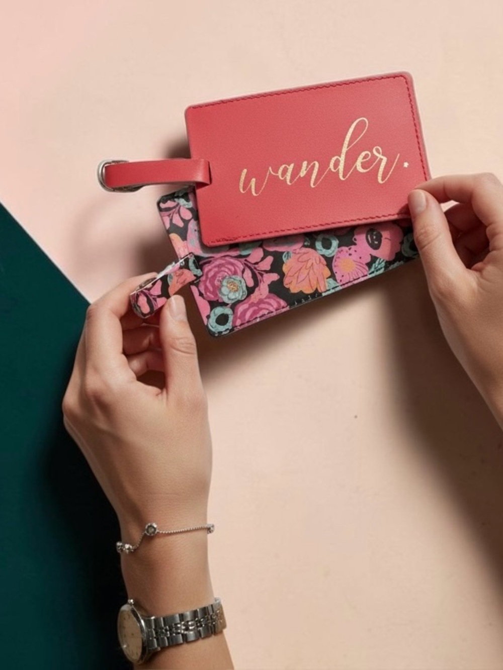 Luggage Tag Set NIB | Floral + Red “Wander” Travel Tags • ID Card Holders